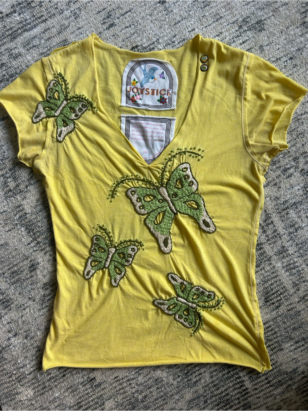 Y2K Joystick Johnny Was Yellow Hand Stitched Butterfly Embroidery Top V-Neck